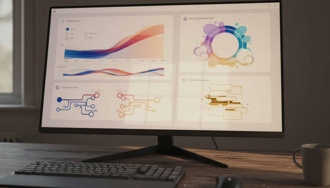 Windows 11のシステム設定画面とメモリ管理の概念図