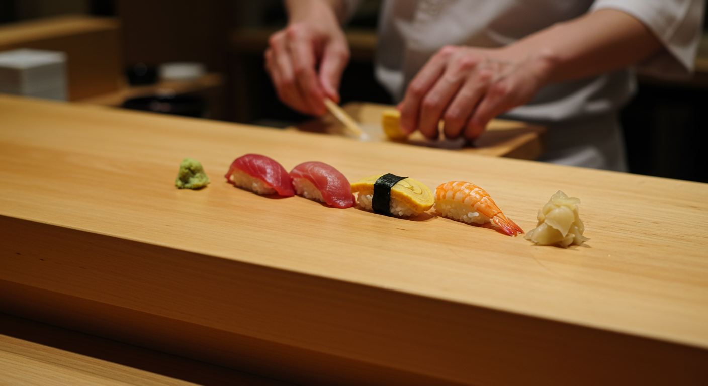 高級鮨店の木目美しいカウンターと職人の手元