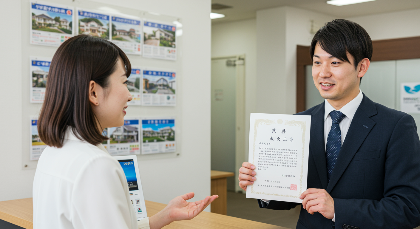 賃貸仲介営業マンが資格証を持ちながらお客様と話している様子