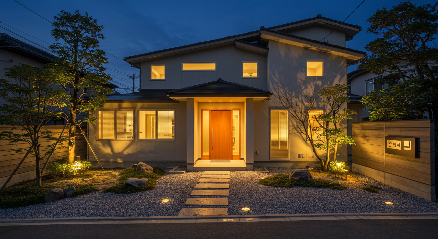 外構照明の設置例と防犯効果を示す夜間の住宅外観