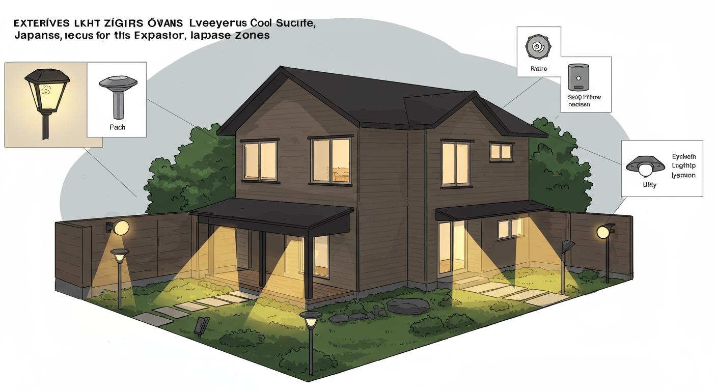 外構照明の種類と効果的な配置を示す図解