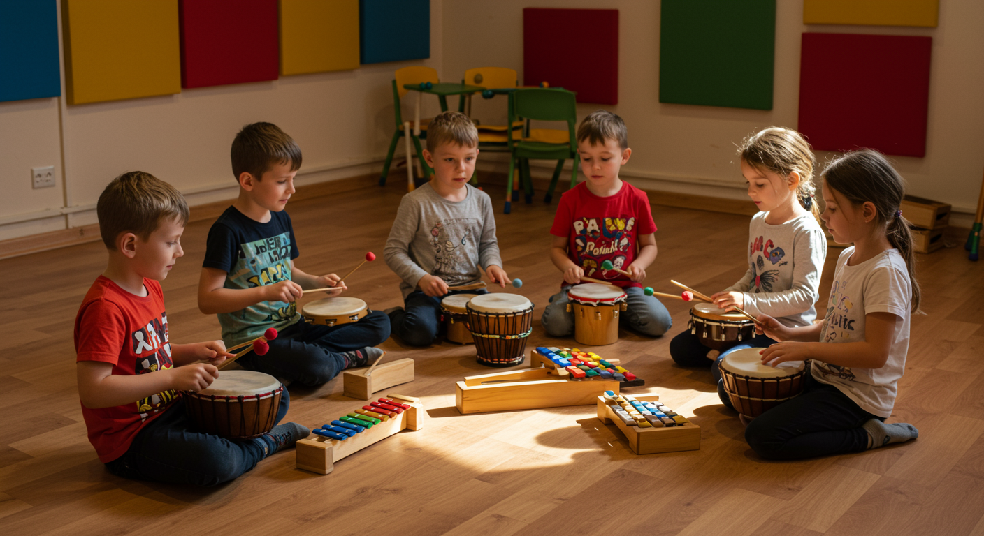 子どもたちが楽器を使って協力して演奏している様子