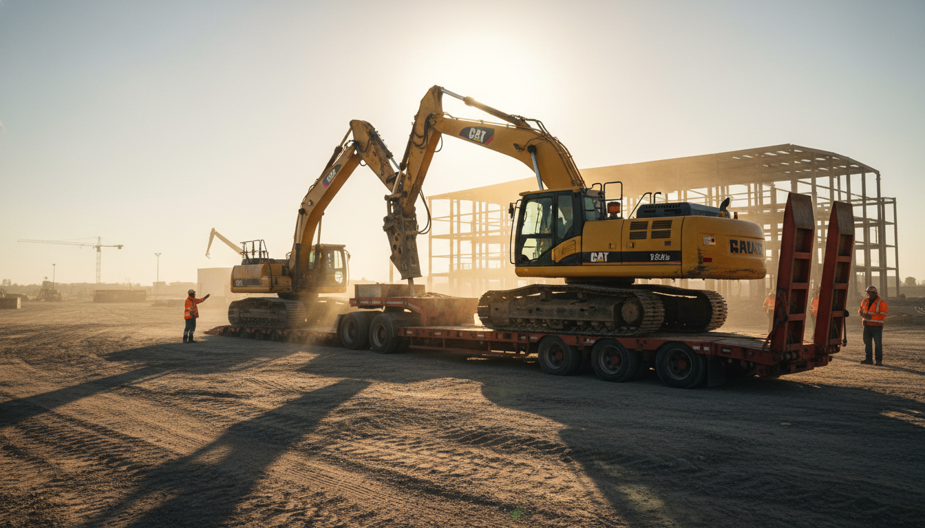 大型トラックに建設機械を積載している様子