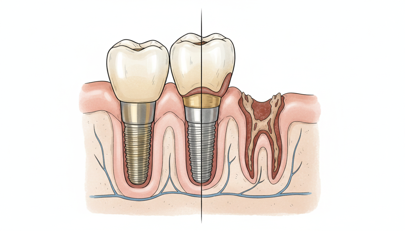 歯周病とインプラント周囲炎の関係を示す口腔内の図解