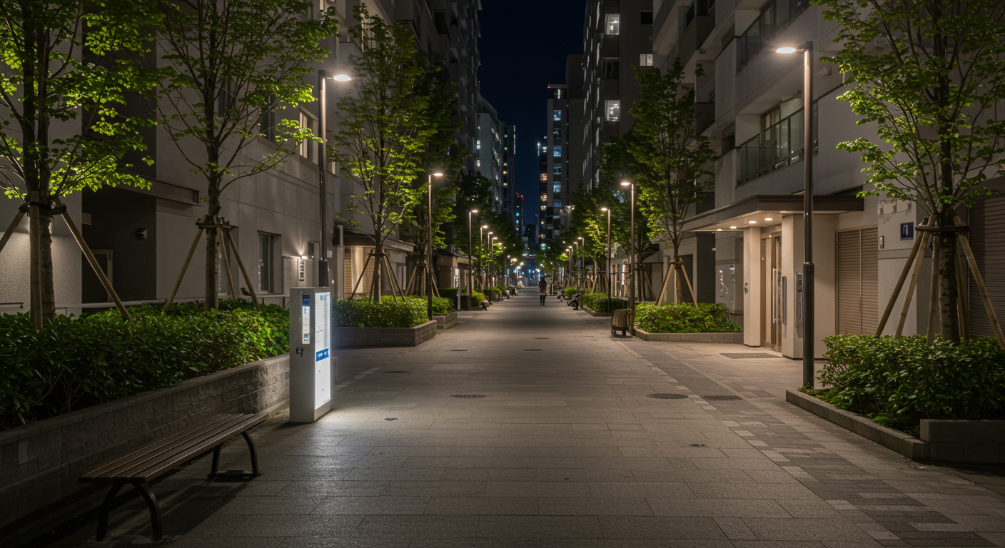 港区港南の夜間の街並みとセキュリティ