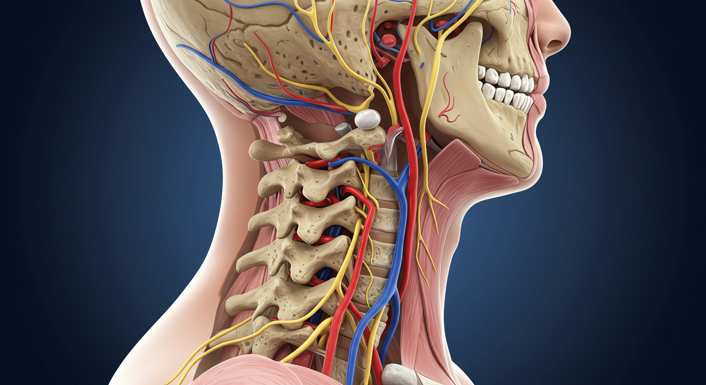 首の解剖学的構造と神経・血管の位置関係を示すイラスト