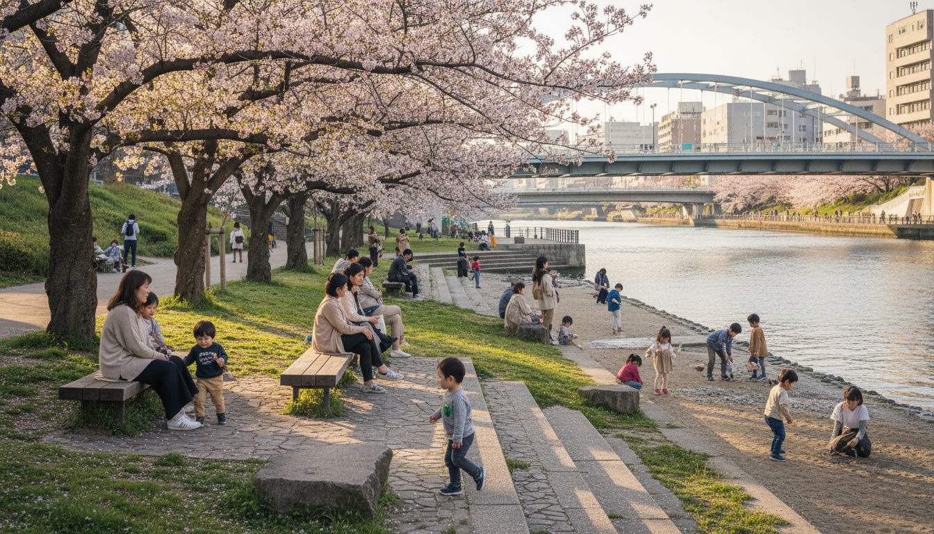日本橋川沿いの親水空間で遊ぶ家族
