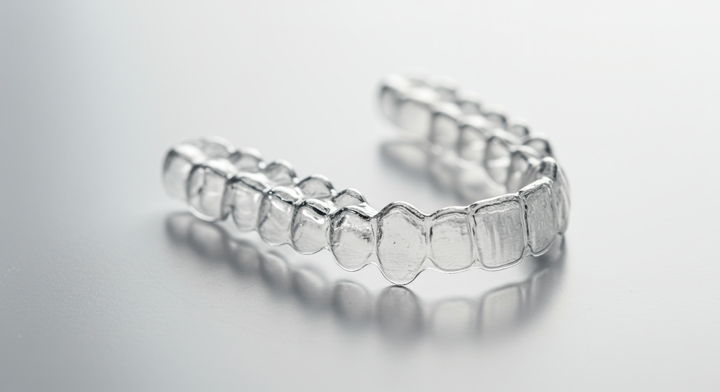 透明なマウスピース矯正装置のクローズアップ画像