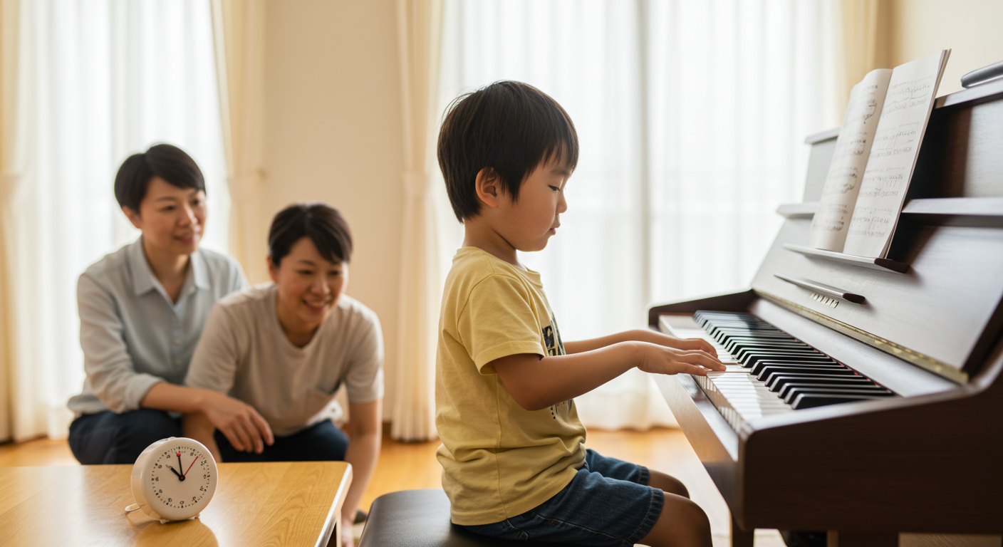 短時間のピアノ練習をする子どもと見守る親
