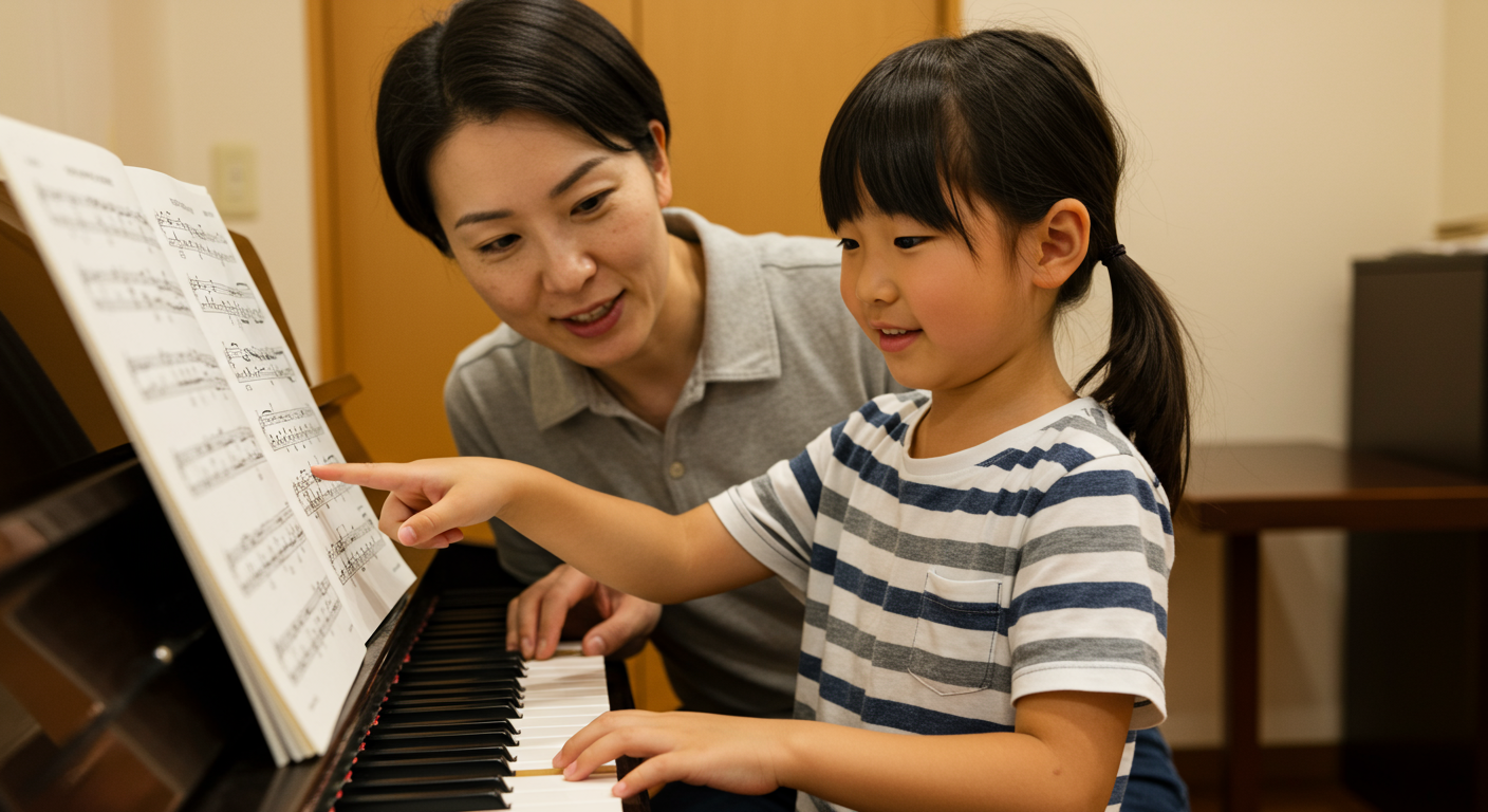 親にピアノを教える子どもの様子