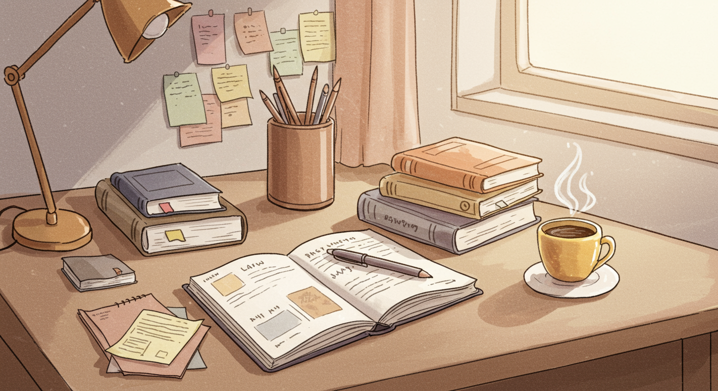 法律書と学習ノートが置かれた机のイラスト