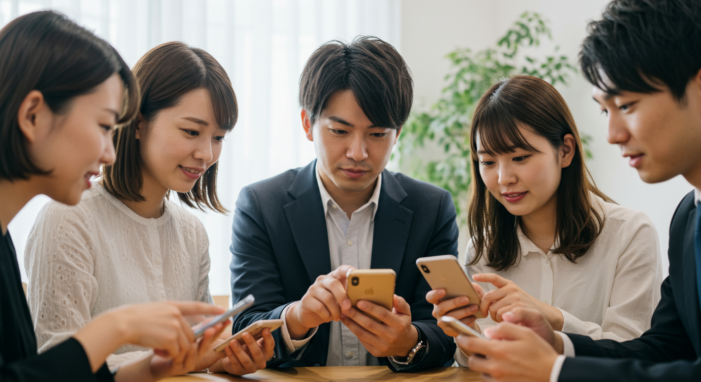 スマートフォンでSNSを見る若者たち