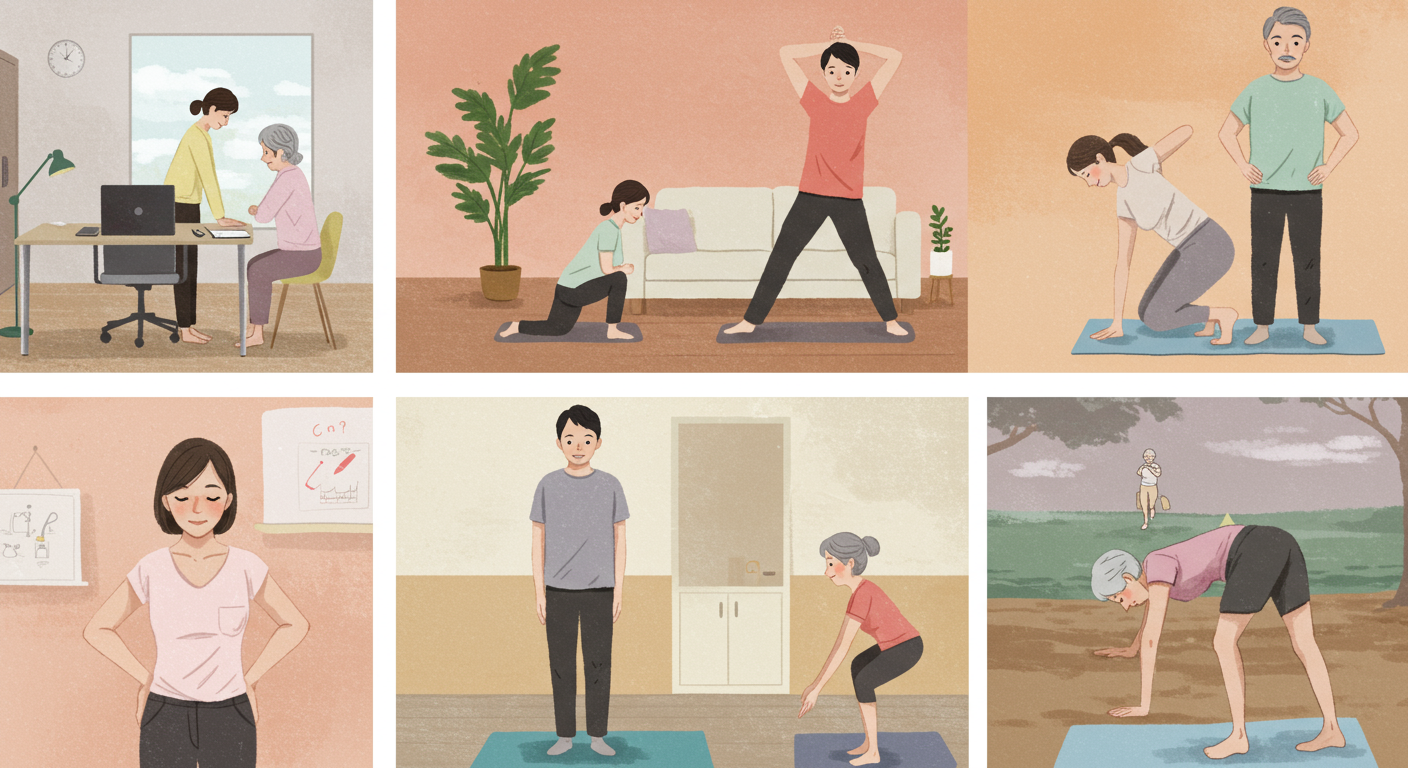 年代別の腰痛対策を示すイラスト