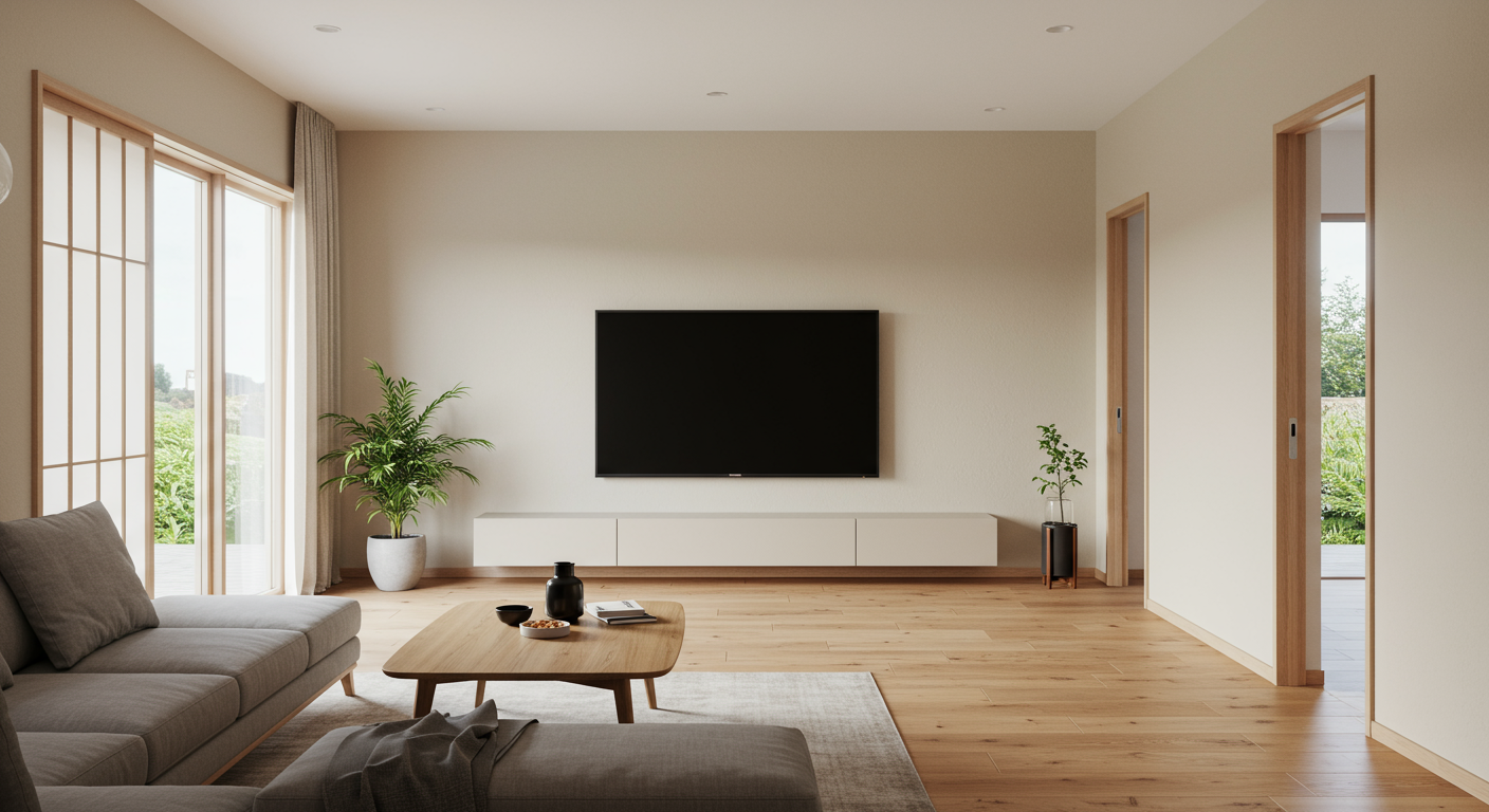 モダンなリビングルームに設置された壁掛けテレビ