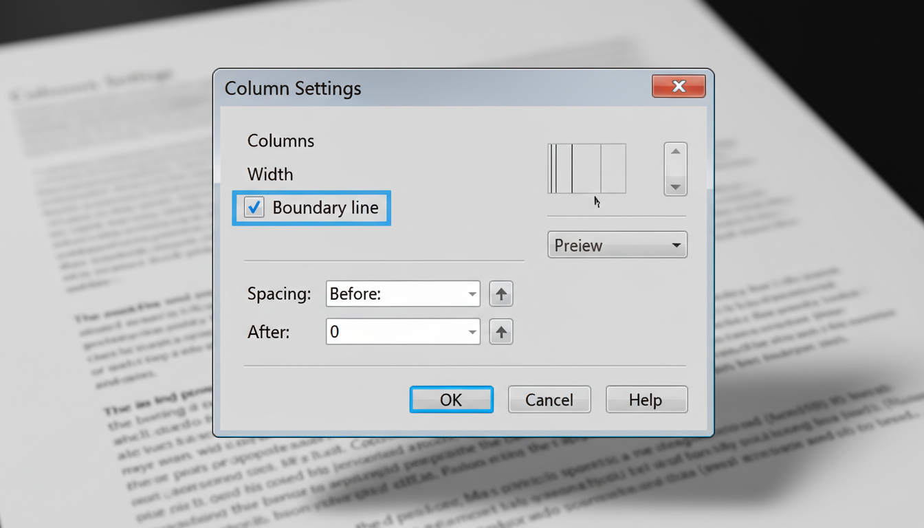 段組み境界線の設定と詳細オプション画面