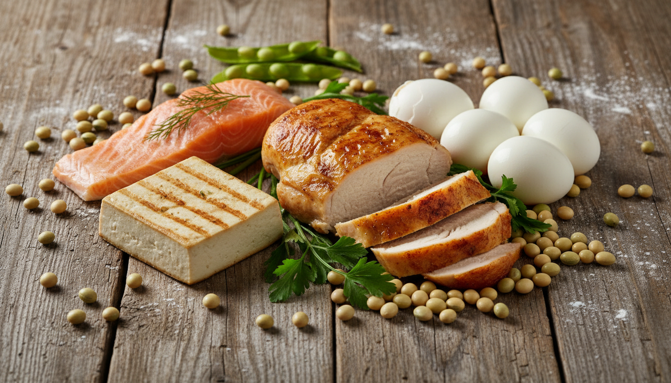 鶏肉と卵と豆腐などタンパク質豊富な食材の盛り合わせ