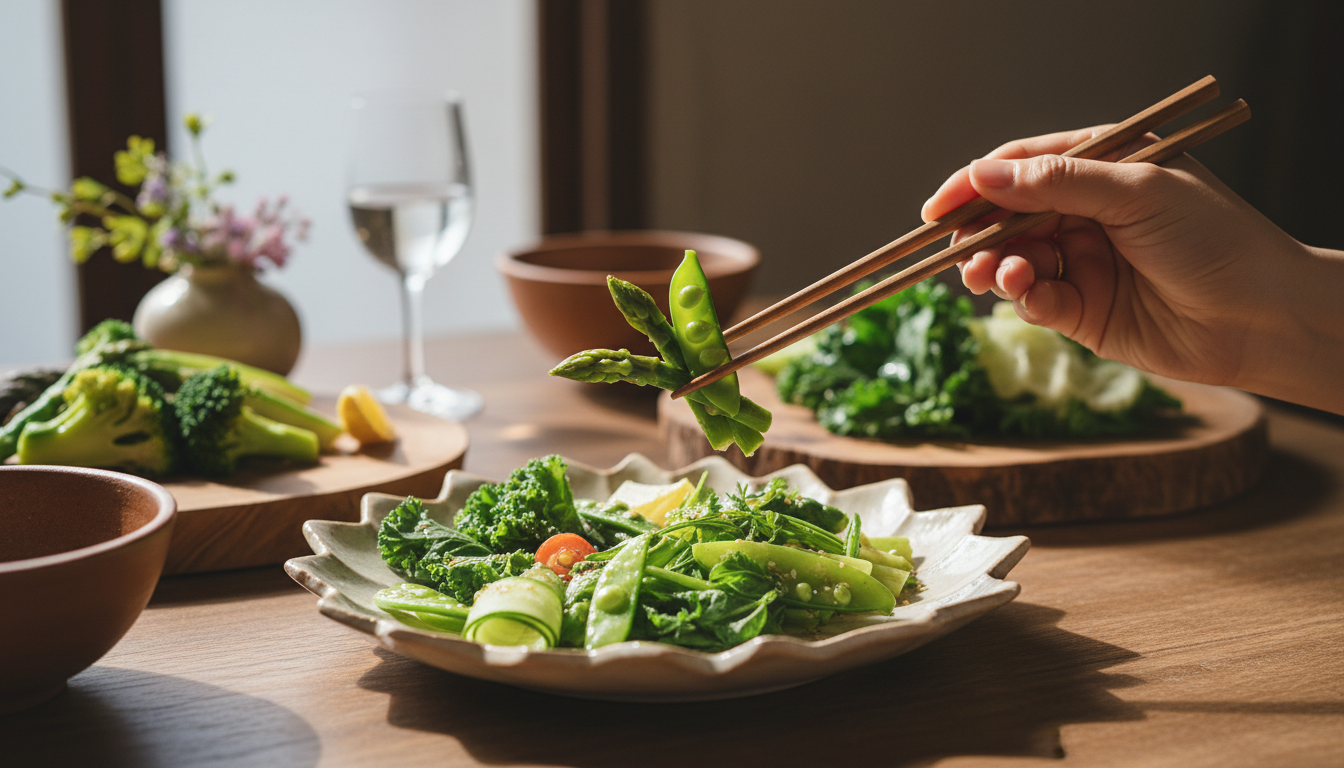野菜から食べ始める健康的な食事風景