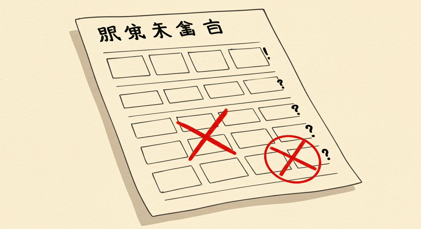 行政書士試験の問題用紙と没問を示す赤い印