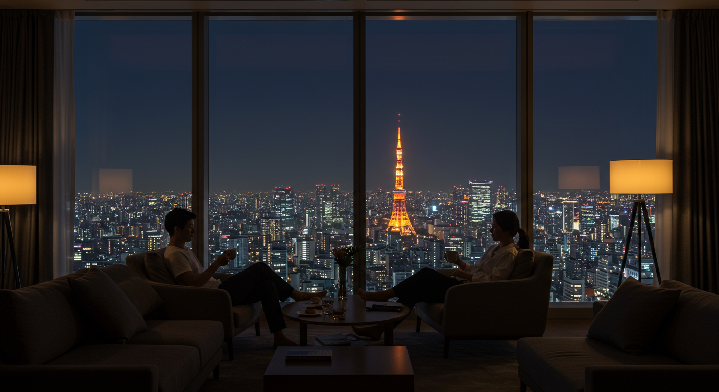 赤坂の高級マンションでくつろぐカップルのシルエット