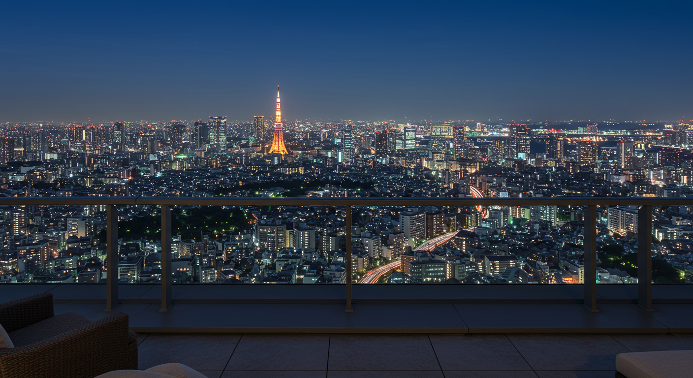 東京の夜景が見える高級マンションのバルコニーからの眺望
