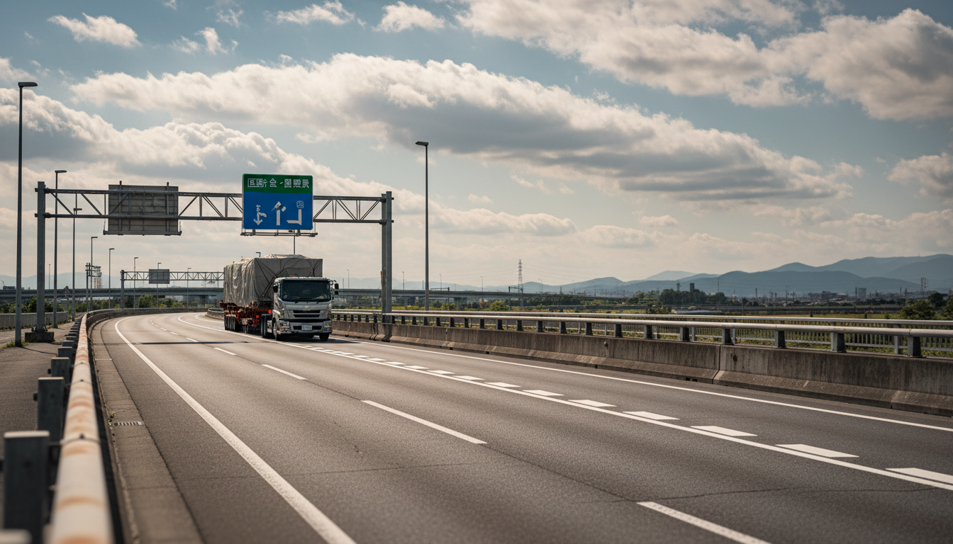 国道を走行する特殊車両と道路標識の風景
