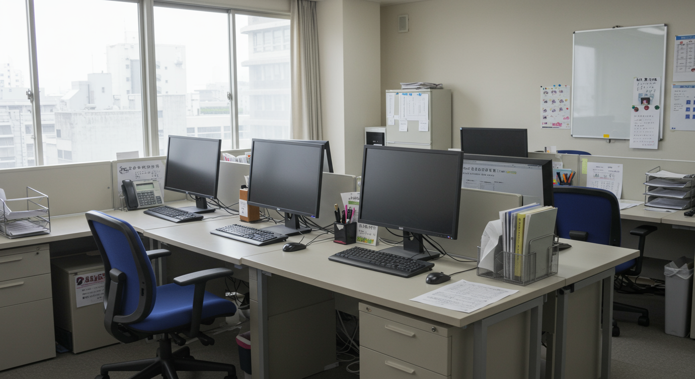 中小企業のオフィスでPCを操作するビジネスパーソン