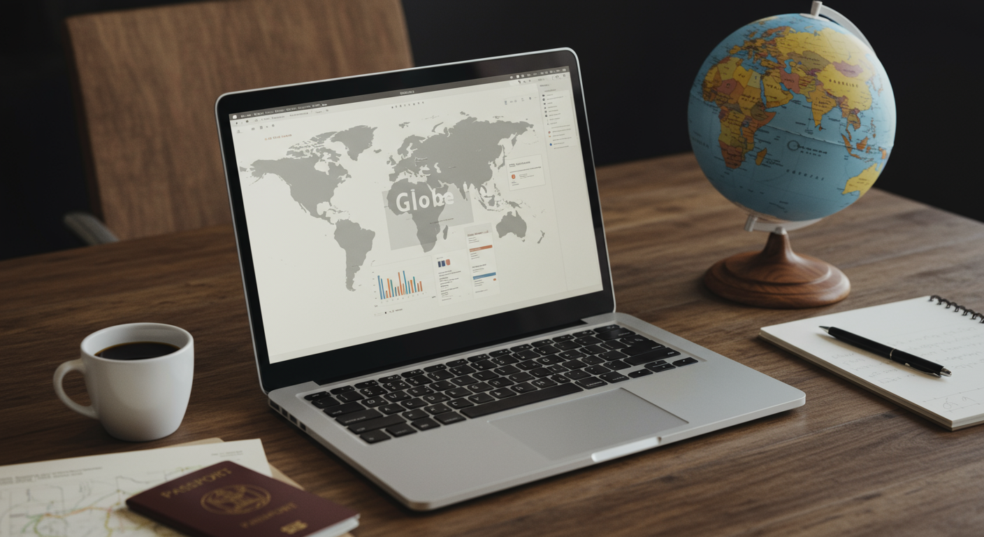 世界地図とノートパソコンでOfficeを使用している様子