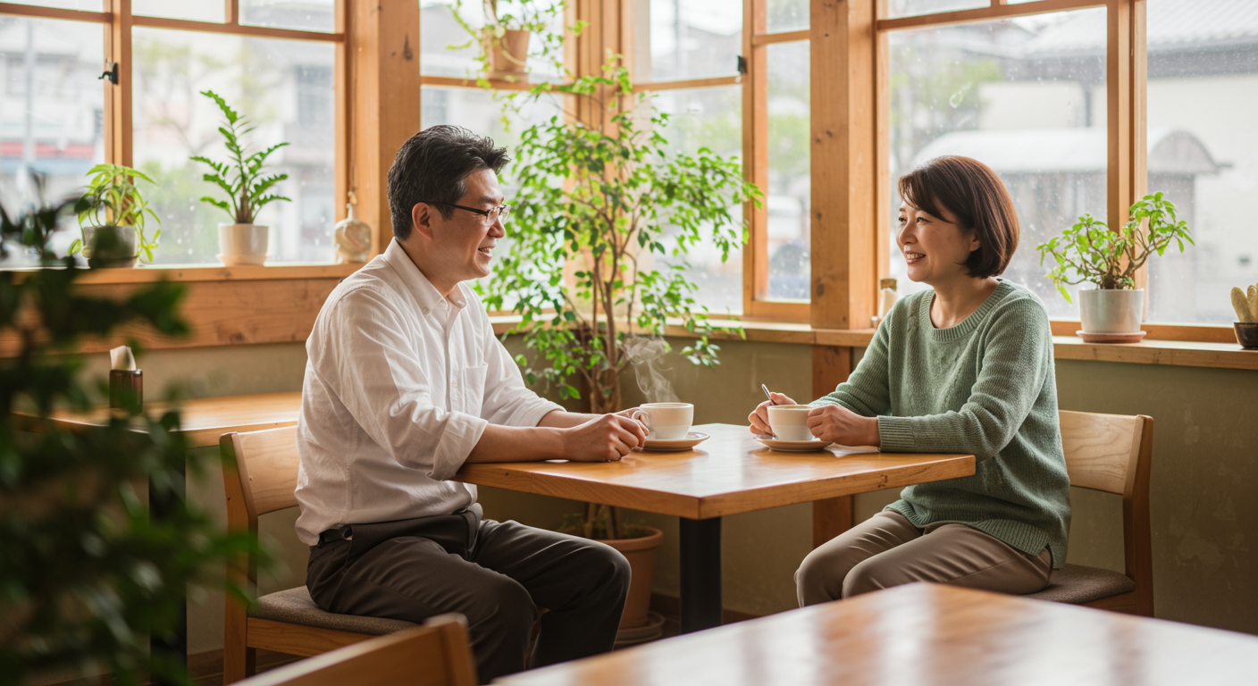 カフェでリラックスして会話を楽しむ40代の男女