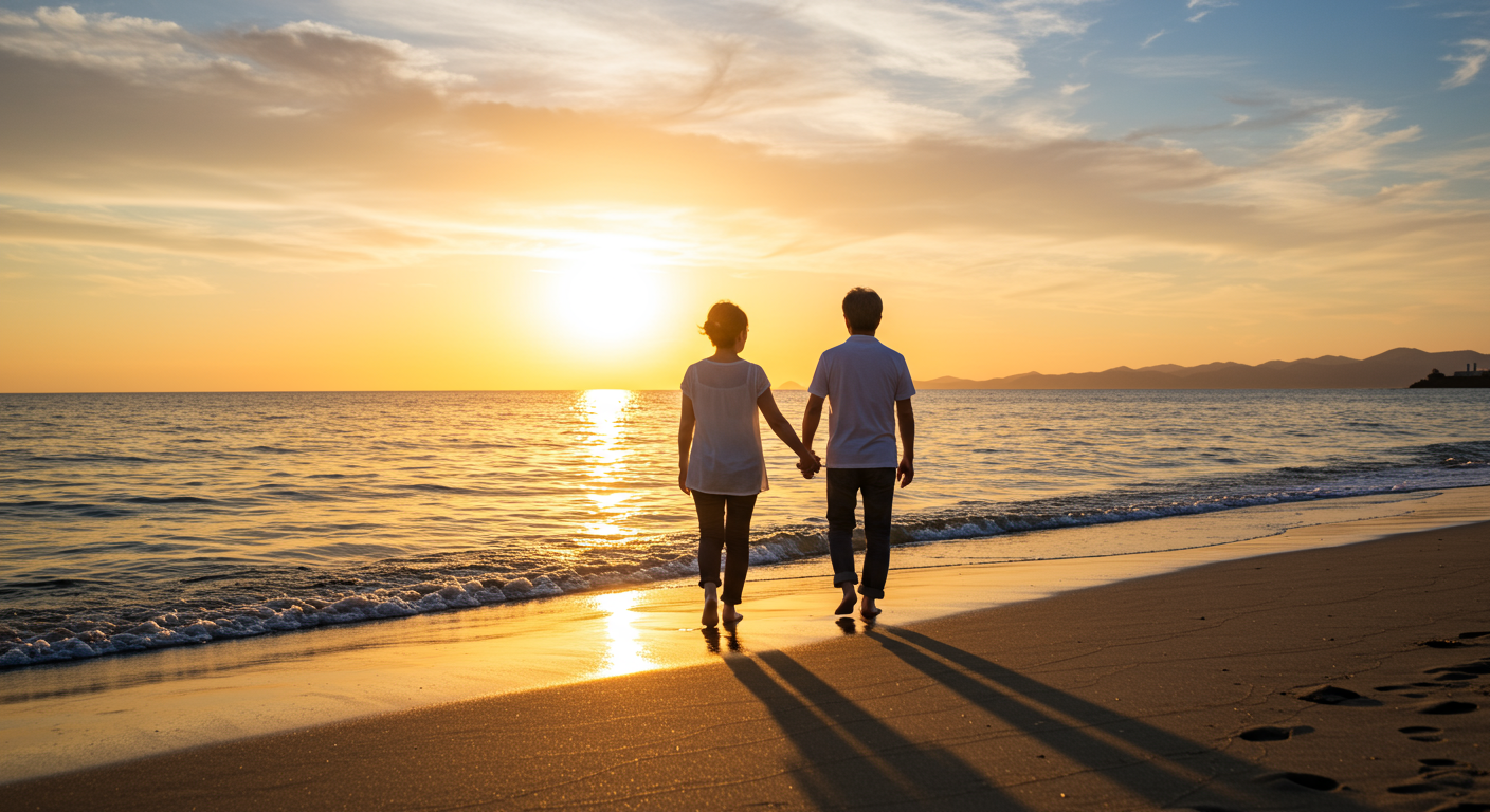 夕日を背景に海辺を歩く40代のカップル