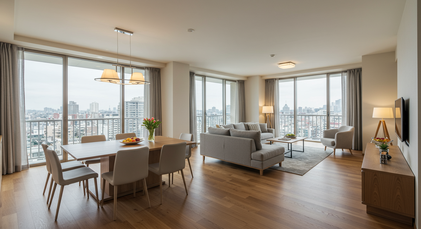 ファミリー向け高級賃貸の広々としたリビングダイニング