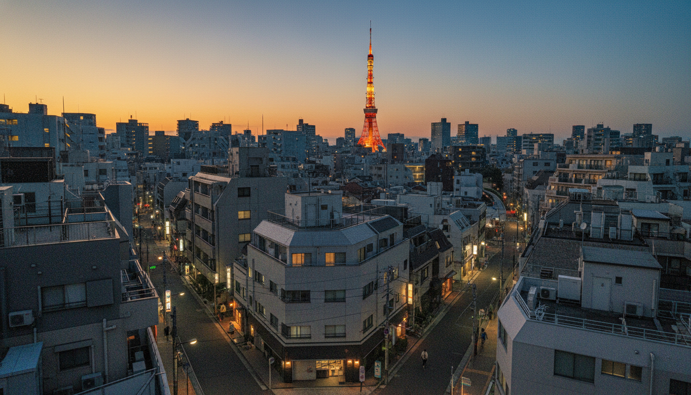 東麻布の夕暮れの街並みと東京タワー