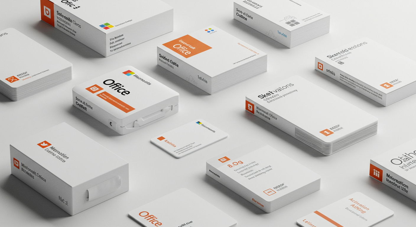さまざまな種類のMicrosoft Officeライセンスパッケージとライセンスカード