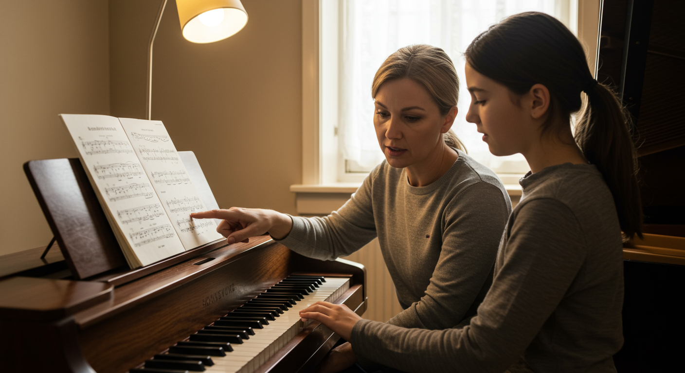 ピアノを教える先生と生徒の様子