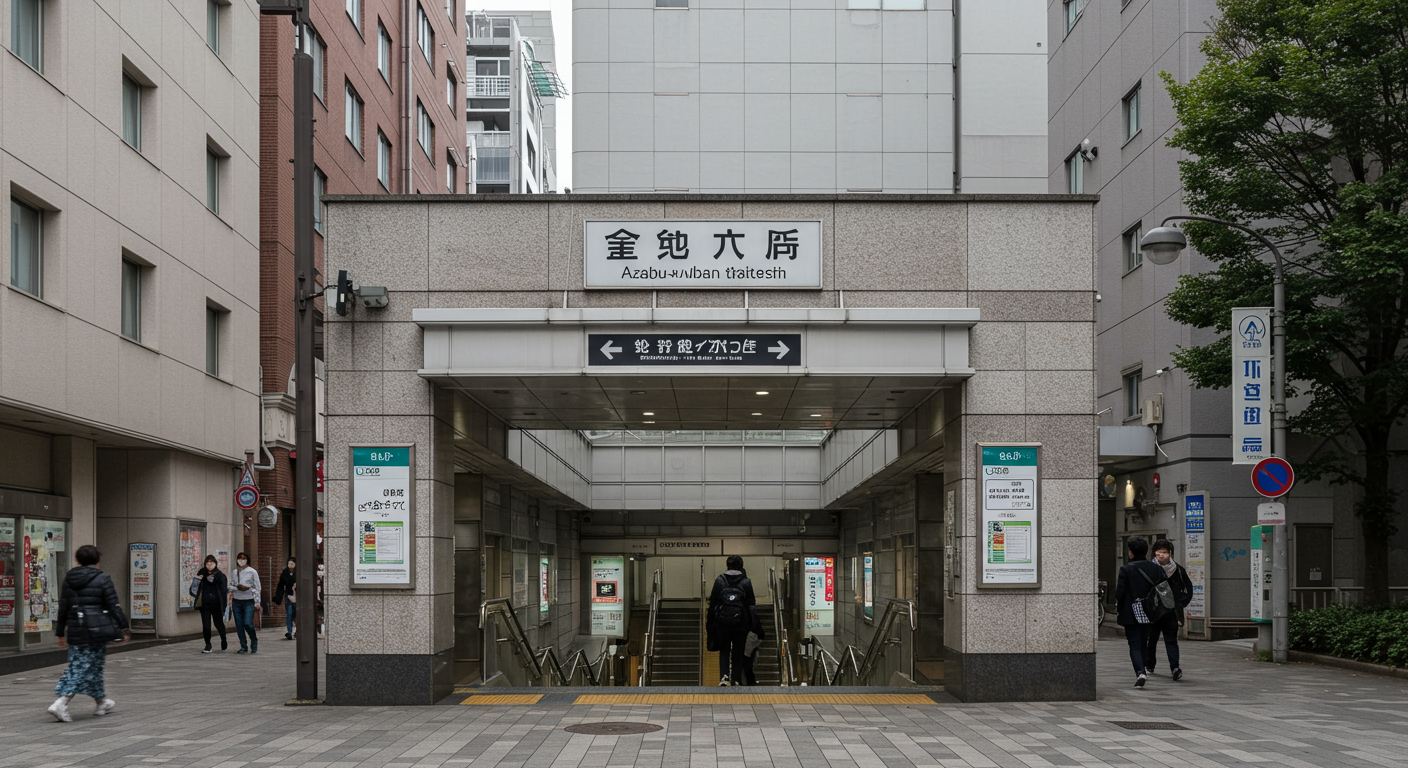 麻布十番駅の出口と周辺の街並み
