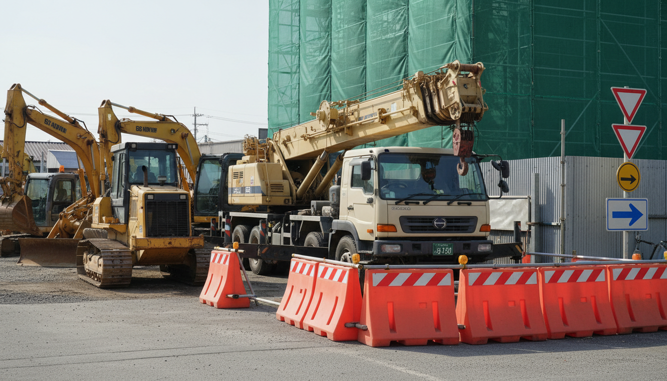 建設現場で使用される大型クレーン車と特殊車両の通行許可イメージ