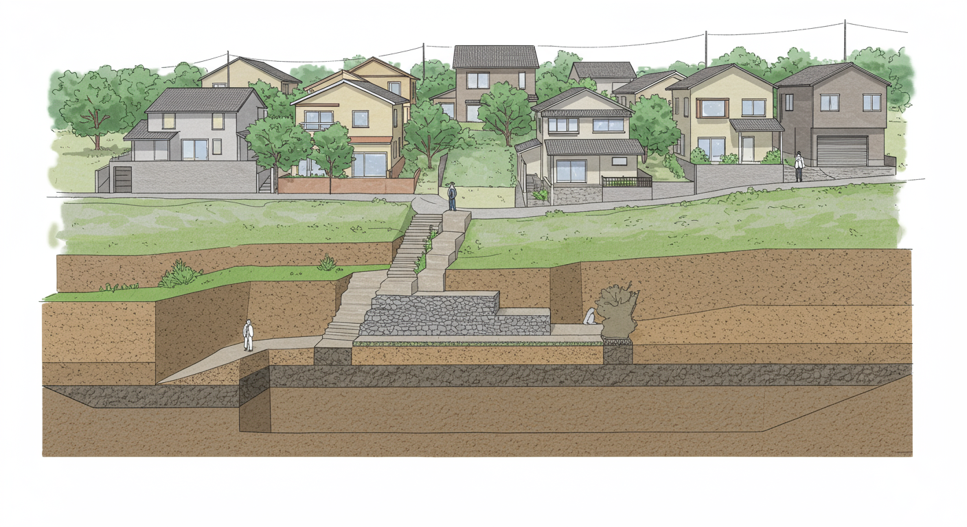 高低差のある土地と擁壁の関係を示す図解