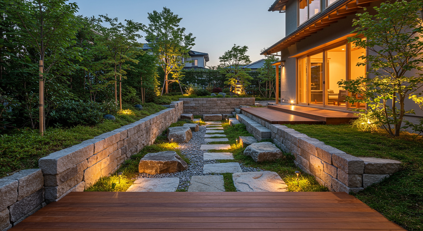 住宅外構における擁壁と庭のデザイン例