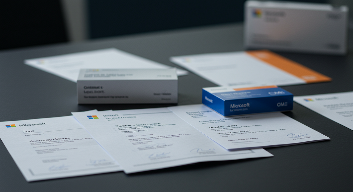 さまざまな種類のMicrosoft法人ライセンス証書とパッケージ