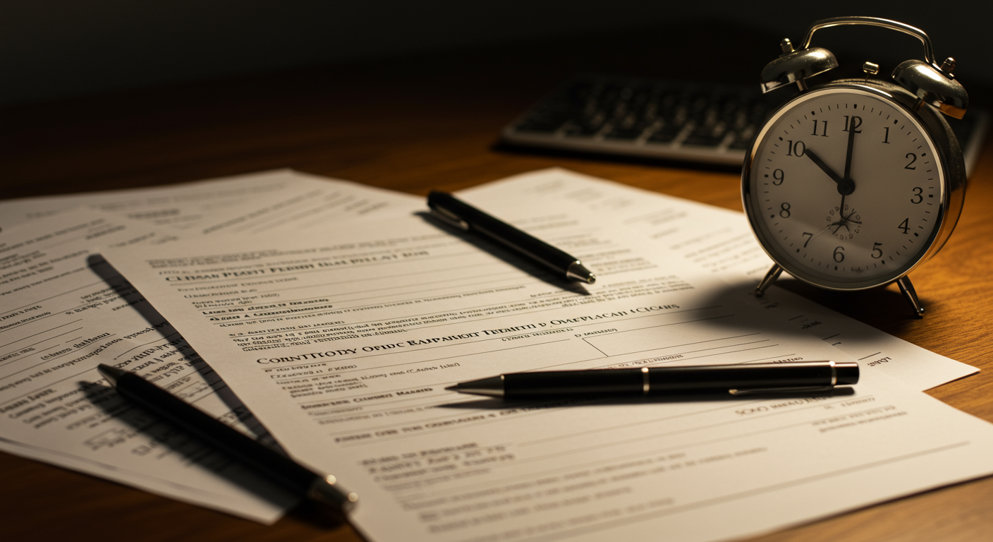 許認可申請の書類と時計