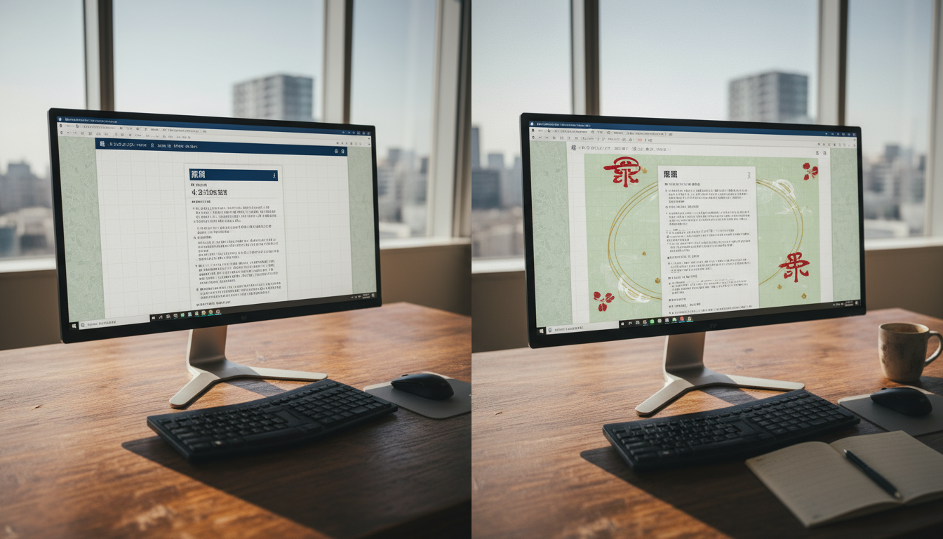 Word文書のレイアウト比較と互換性設定画面