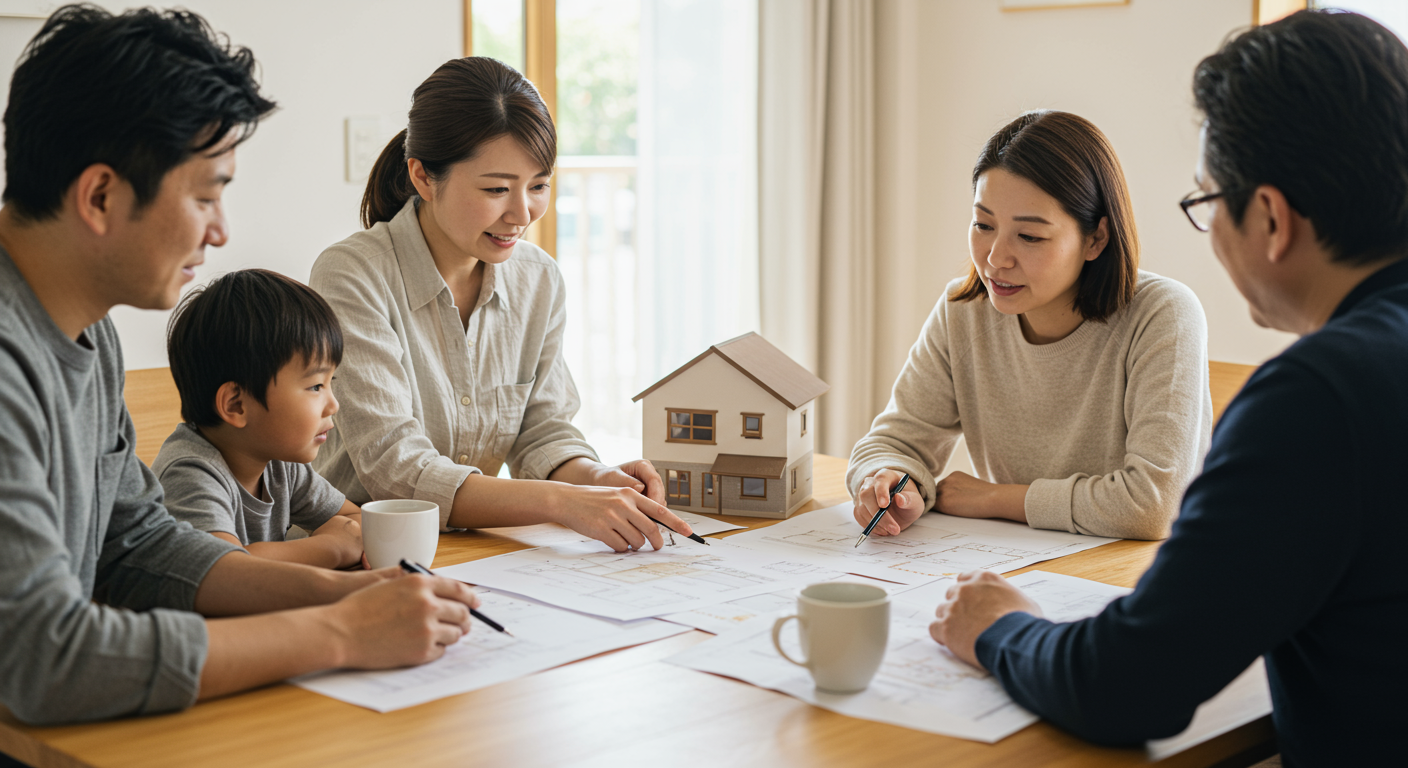 家族で住宅の間取り図を見ながら相談している様子