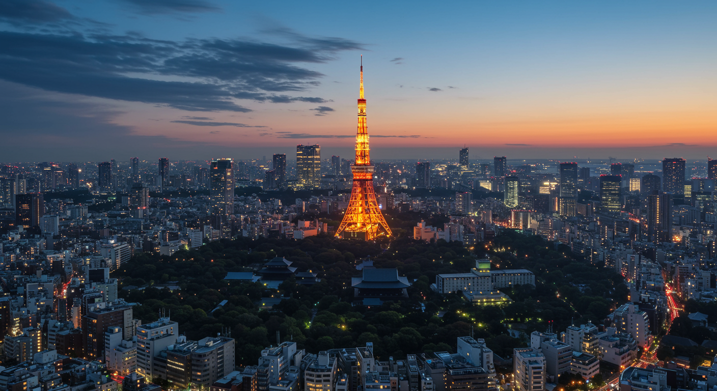 夕暮れ時の芝公園エリアと東京タワーの景観