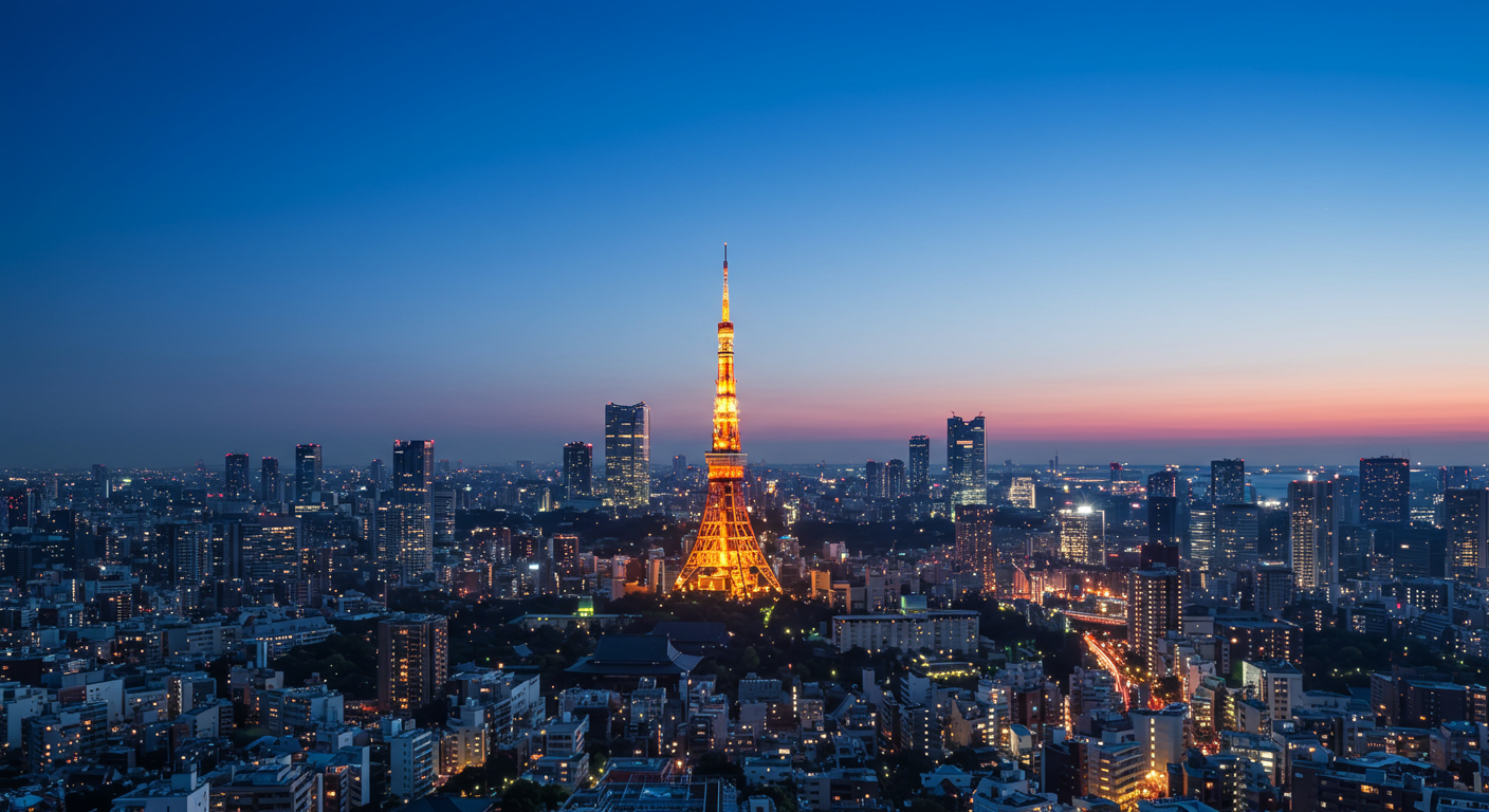夕暮れ時の芝エリアの街並みと東京タワー