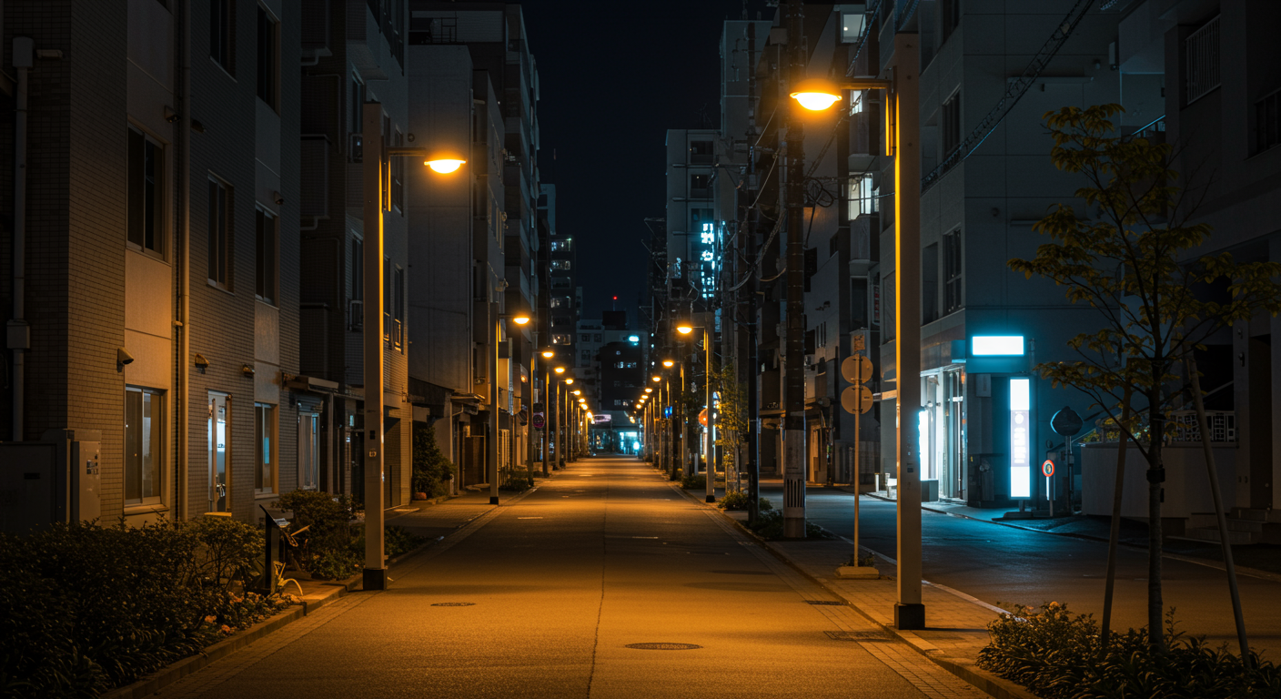 夜の芝エリアの街灯が灯る安全な通り
