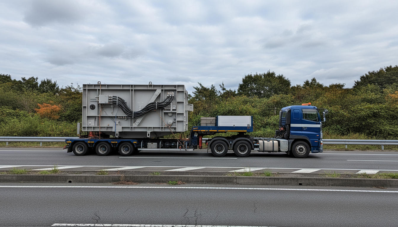 特殊車両通行許可が必要な大型トレーラーと道路の実写イメージ