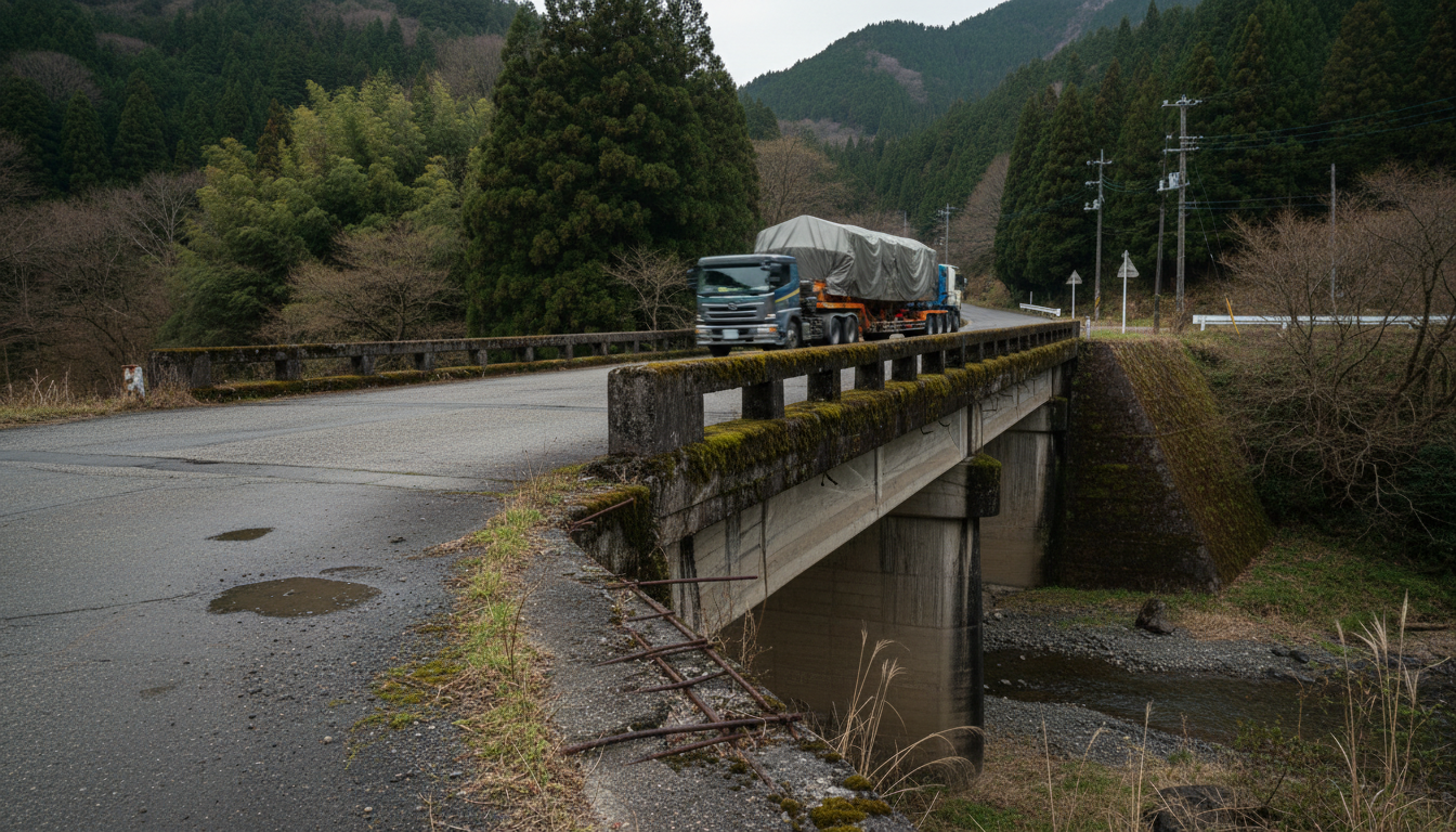 特殊車両通行許可の経路審査と橋梁耐荷重チェックのイメージ