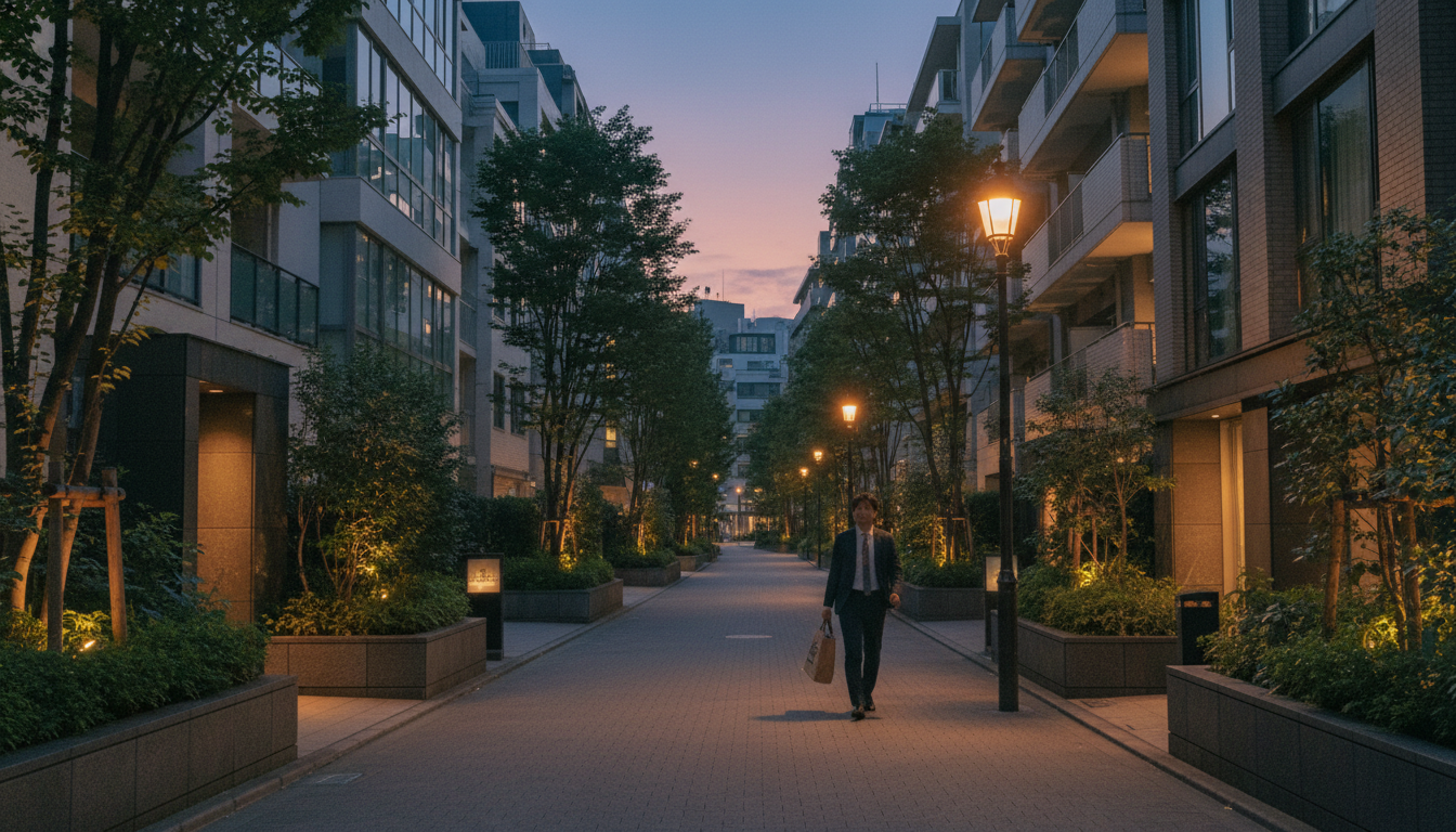 南麻布の夜の街並みと街灯