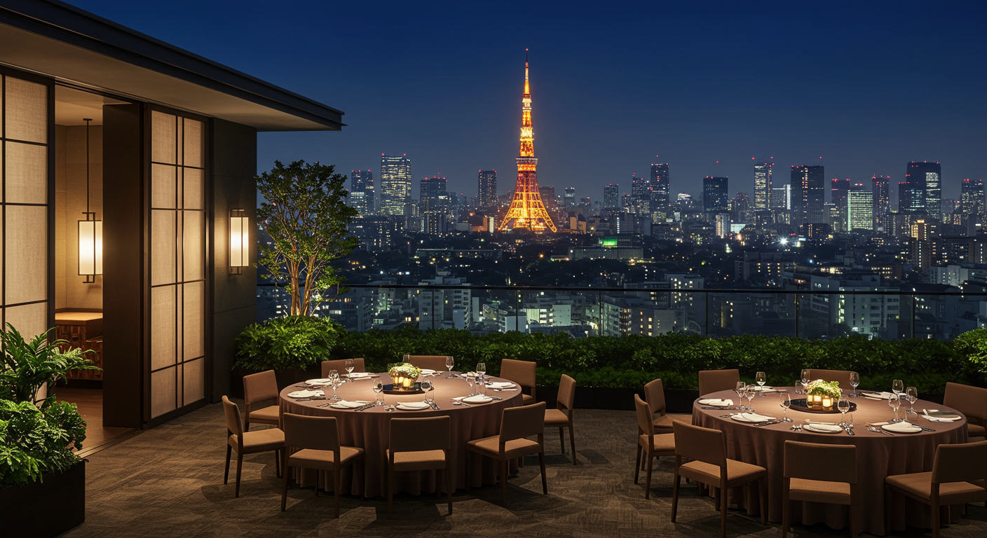 六本木の夜景と高級感のある宴会場