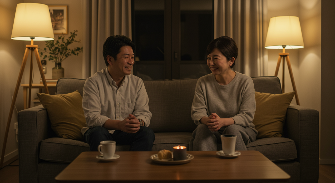 リビングでくつろぎながら会話するカップル