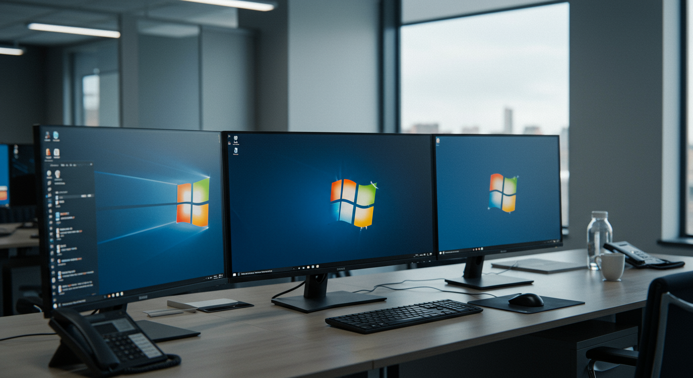 デスクに並ぶ複数のビジネスPC画面にWindowsロゴが表示されている様子